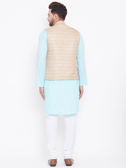 Men's Aqua Cotton Blend Straight Jacket  Kurta and Pyjama Set