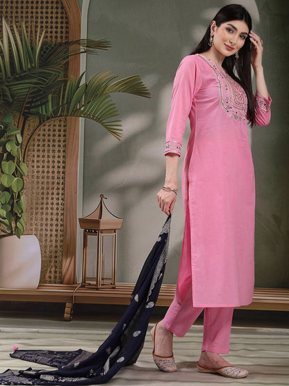 Dhiyona SN Women's Embroidered Pure Cotton Straight Kurta With Trousers & Dupatta