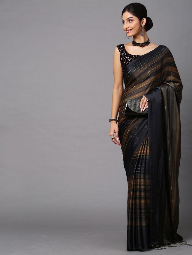Women's Poly Georgette Black Solid Designer Saree With Blouse Piece