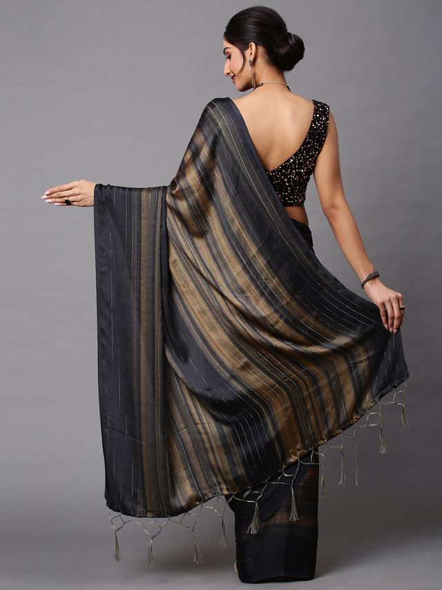 Women's Poly Georgette Black Solid Designer Saree With Blouse Piece