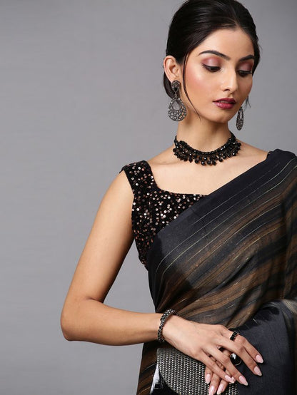 Women's Poly Georgette Black Solid Designer Saree With Blouse Piece