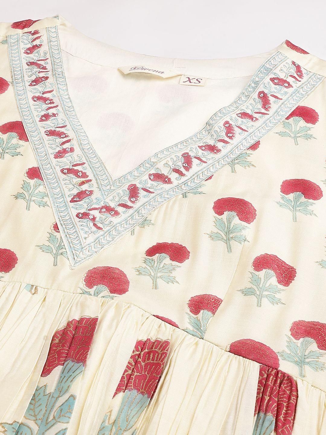 Dhiyona KL Women Floral Printed Pleated Sequinned Chanderi Cotton Kurta Set