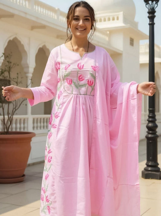 Floral Embroidered Thread Work Pure Cotton A Line Kurta With Trousers & Dupatta