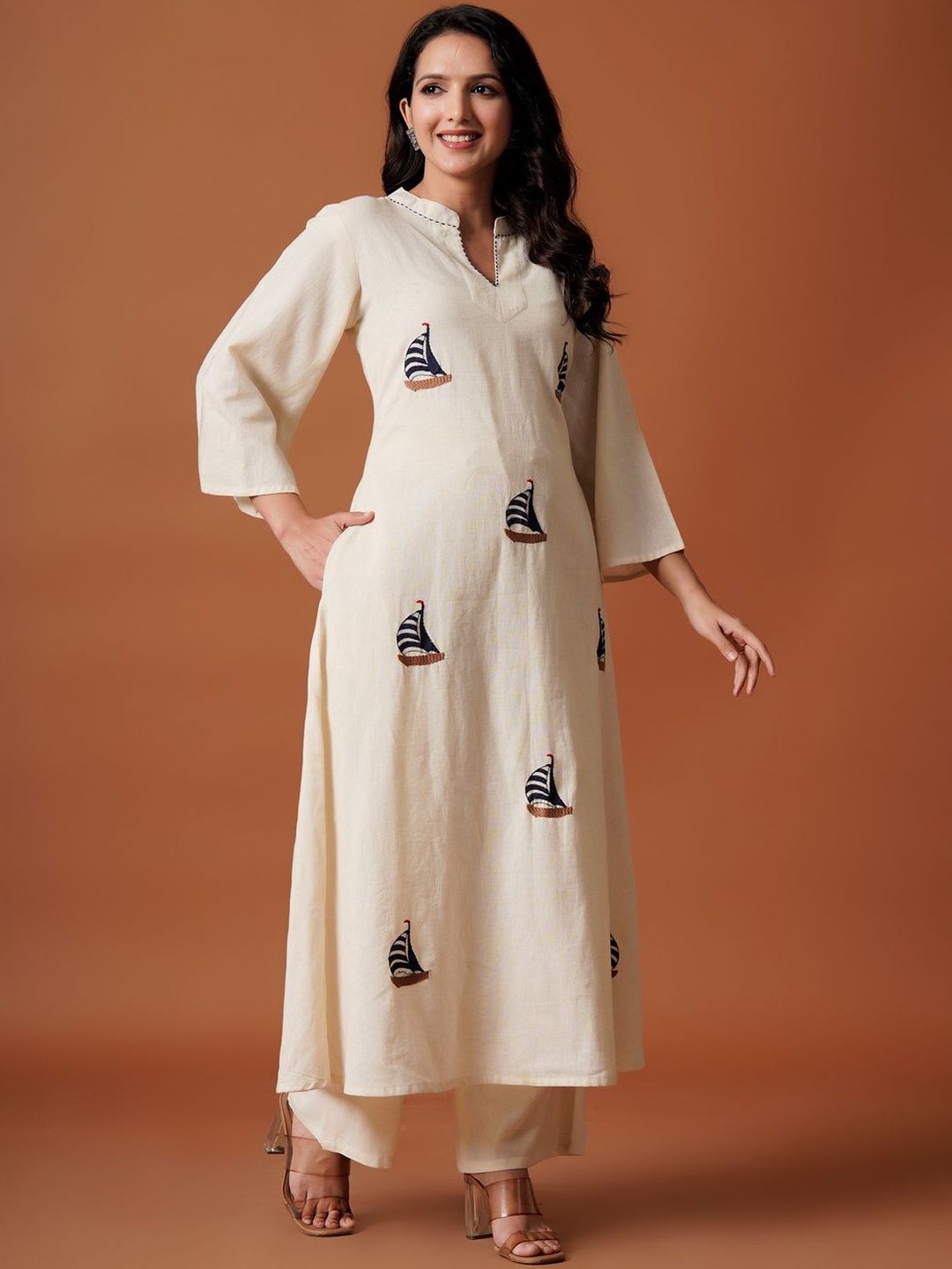 Women Embroidered A-Line Thread Work Pure Cotton Kurta with Palazzos