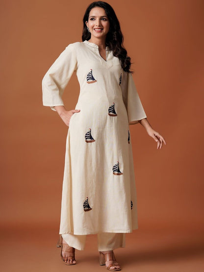 Women Embroidered A-Line Thread Work Pure Cotton Kurta with Palazzos