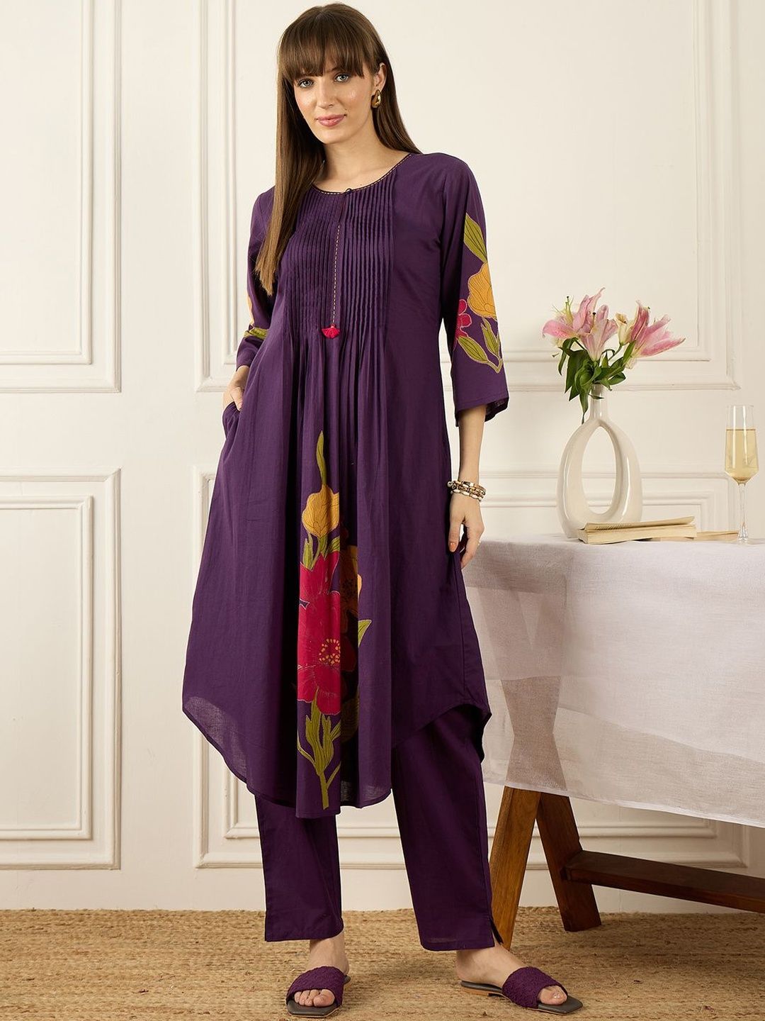 Dhiyona IE Floral Printed Thread Work Pure Cotton Kurta With Palazzos