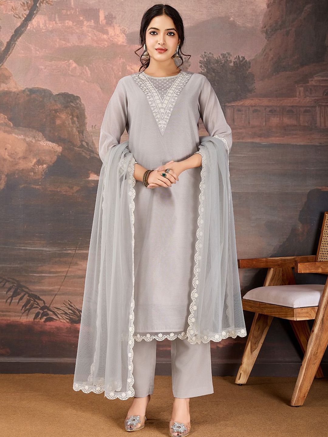 Dhiyona PD Women Sequined Embroidered Round Neck Straight Kurta & Trousers With Dupatta