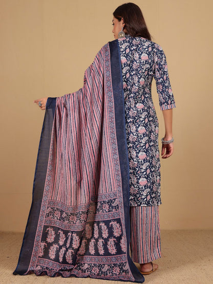 Dhiyona VA Women's Floral Printed Straight Kurta with Palazzo & Dupatta