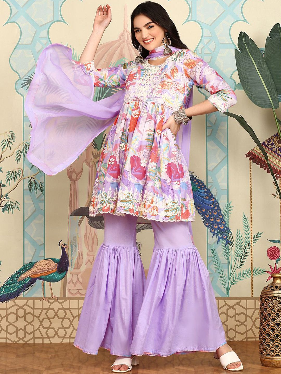 Dhiyona IS Women's Floral Printed Thread Work Pure Cotton A-Line Kurta with Sharara & Dupatta