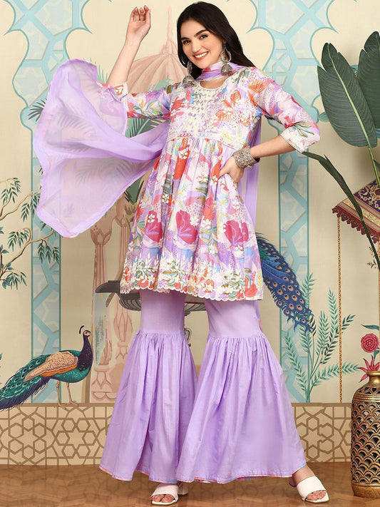 Dhiyona IS Women's Floral Printed Thread Work Pure Cotton A-Line Kurta with Sharara & Dupatta