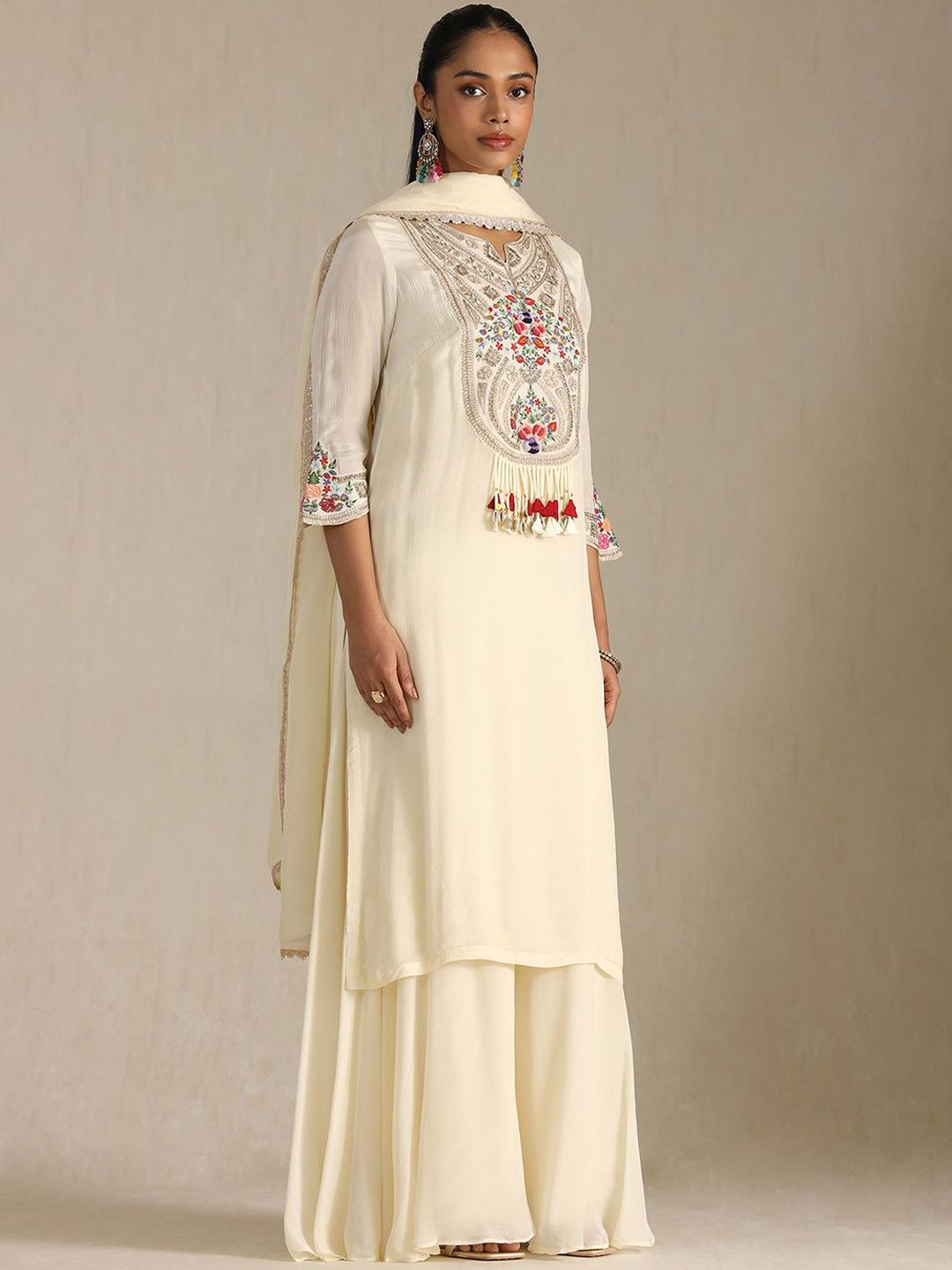 Dhiyona SO Women's Women Ethnic Motifs Embroidered Regular Thread Work Kurta with Palazzos & With Dupatta