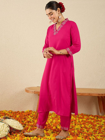 Women Ethnic Motifs Embroidered Regular Sequinned Straight Kurta with Trousers