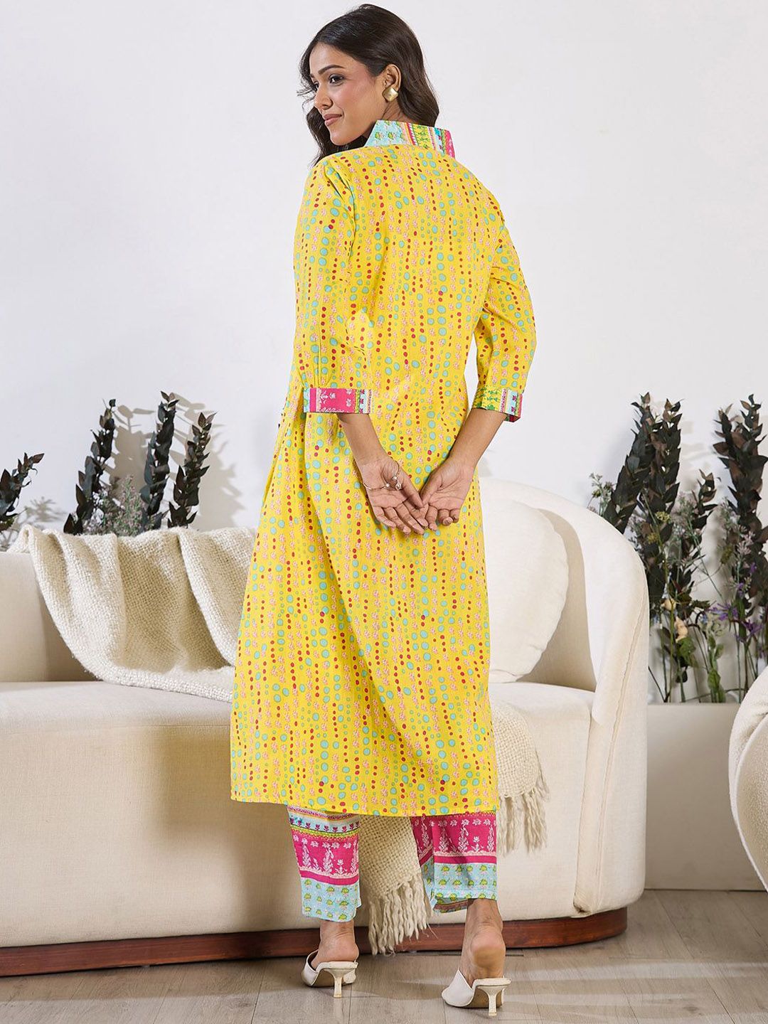V-Neck Printed Pure Cotton A-Line Kurta with Trousers
