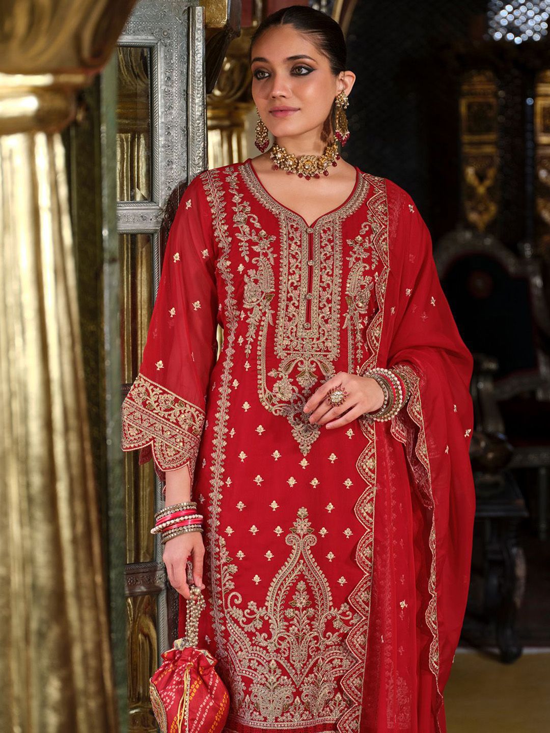 Dhiyona IE Ethnic Motifs Embroidered Sequinned Kurta with Trousers & Dupatta