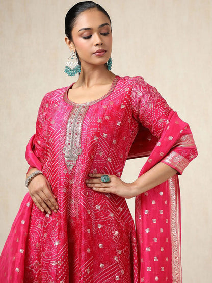 Dhiyona SO Women's Bandhani Printed Thread Work A-Line Kurta With Trousers And Dupatta