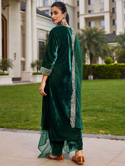 Women Ethnic Motifs Embroidered Regular Velvet Kurta with Trousers & Dupatta