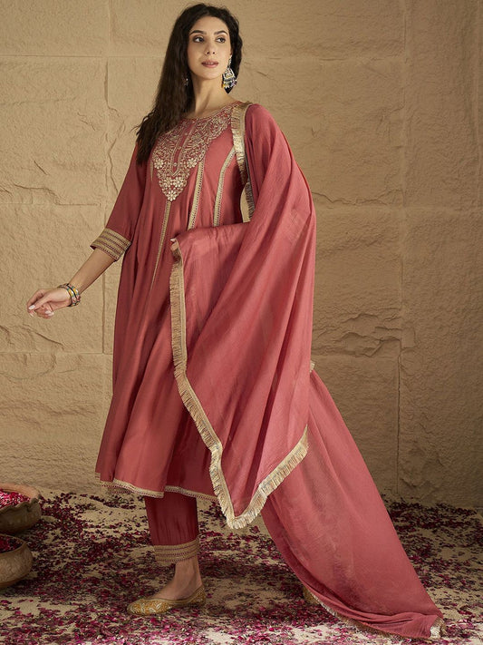 Dhiyona VA Women's Ethnic Motifs Embroidered Panelled Kurta with Trousers & Dupatta