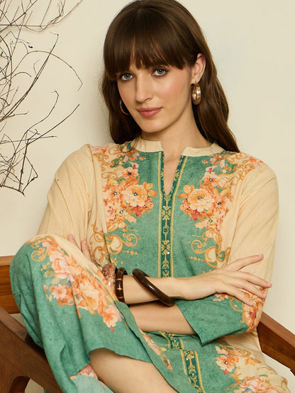 Dhiyona IE Women Printed Mandarin Collar Top and Trousers Co-Ords