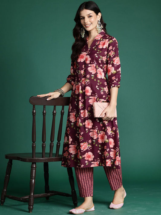 Dhiyona IE Floral Printed V-Neck Pure Cotton A-Line Tunic With Trouser