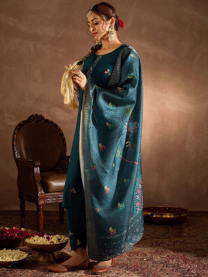 Dhiyona IE Floral Embroidered Thread Work Straight Kurta With Trousers & Dupatta
