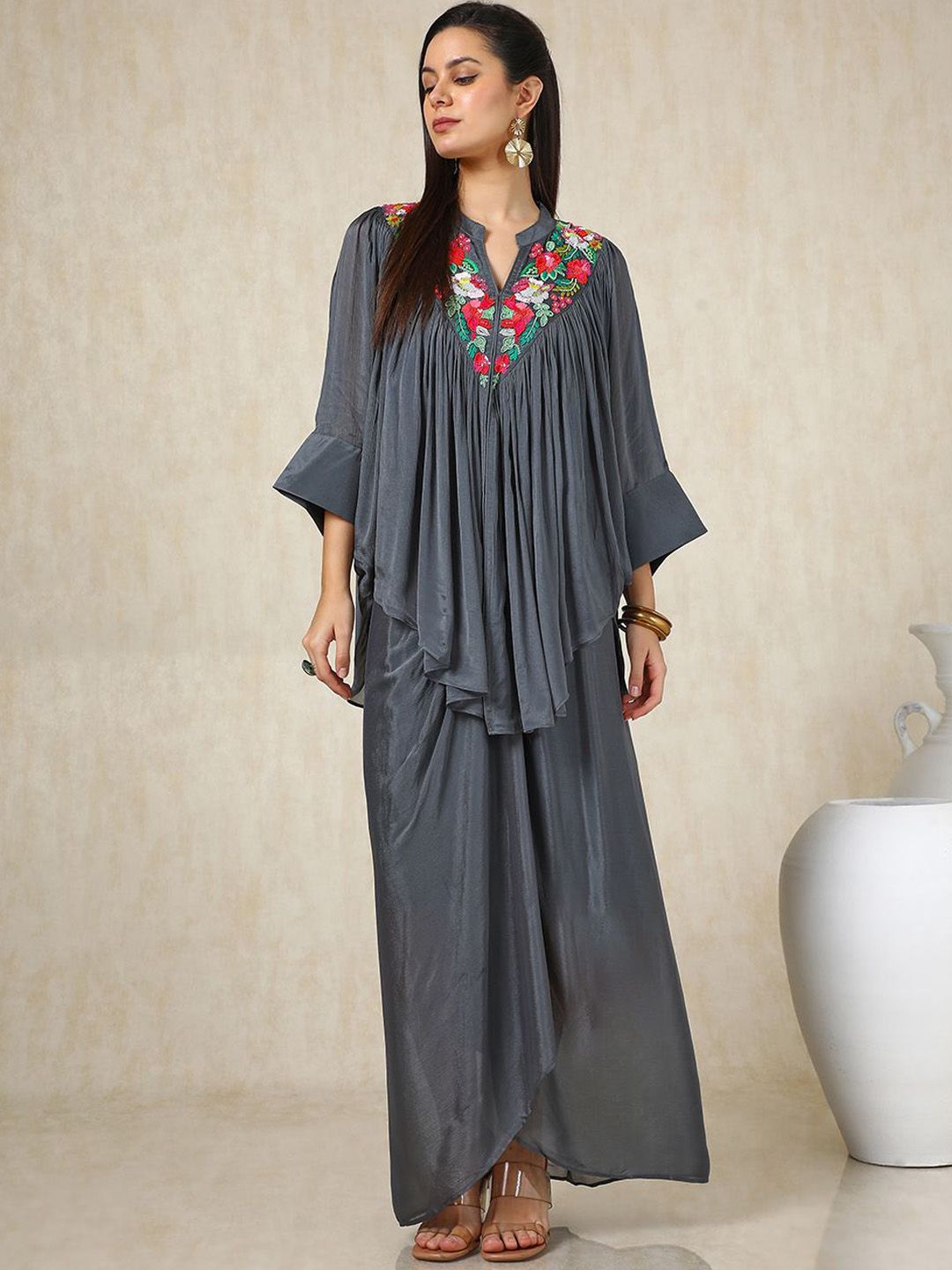 Dhiyona SO Women's Grey Floral Embroidered Mandarin Collar Three-Quarter Sleeves Top With Skirt