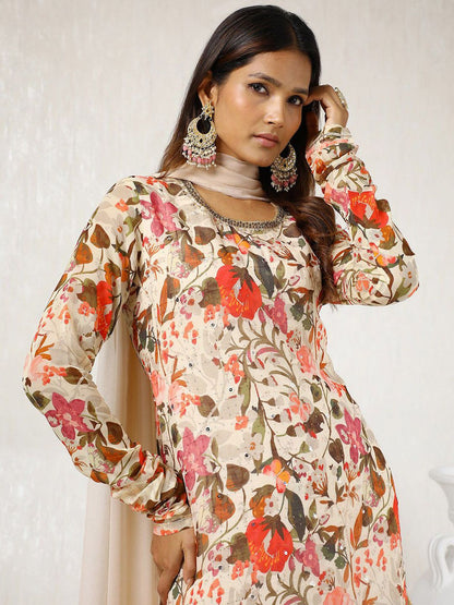Dhiyona SO Women's Floral Printed Straight Kurta with Sharara & Dupatta