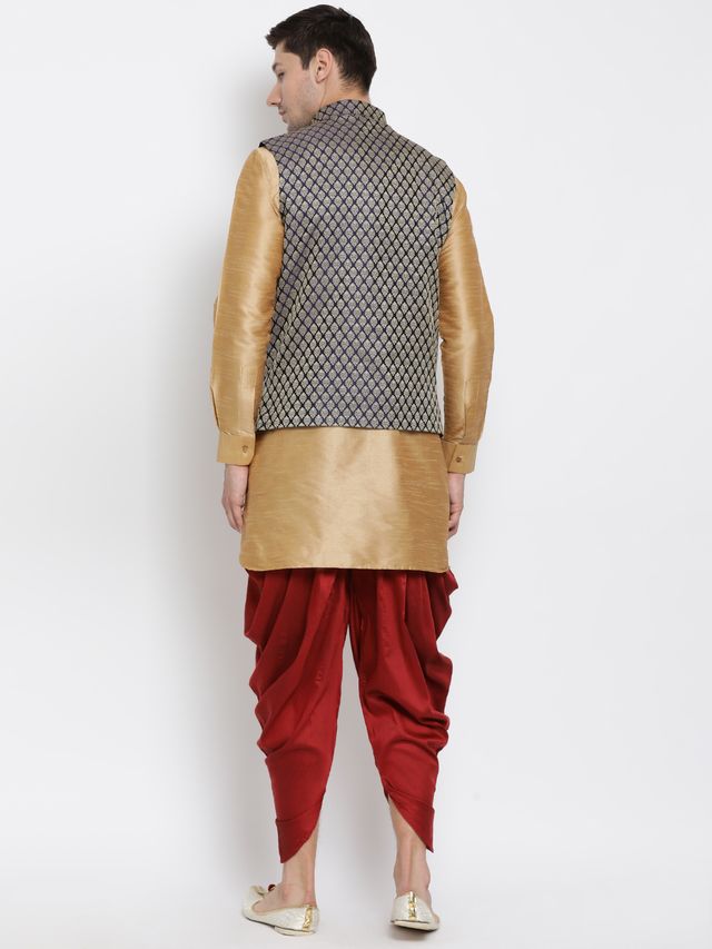 Men's Gold Silk Blend Straight Jacket  Kurta and Dhoti Set