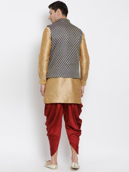 Men's Gold Silk Blend Straight Jacket  Kurta and Dhoti Set