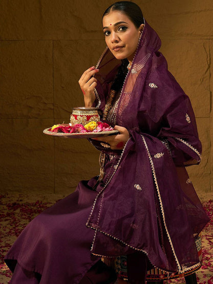 Dhiyona IE Burgundy Floral Embroidered Straight Kurta with Trousers & Dupatta