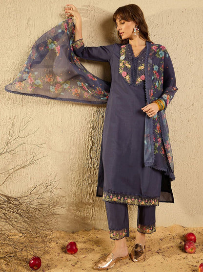 Dhiyona IE Women Floral Embroidered Regular Thread Work Kurta with Trousers & With Dupatta