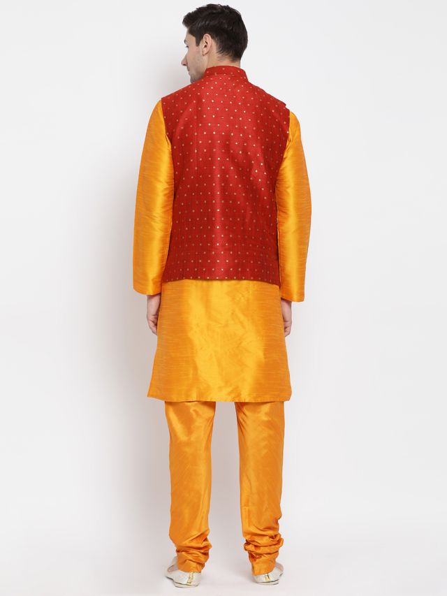 Men's Orange Silk Blend Straight Jacket  Kurta and Pyjama Set