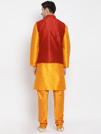 Men's Orange Silk Blend Straight Jacket  Kurta and Pyjama Set