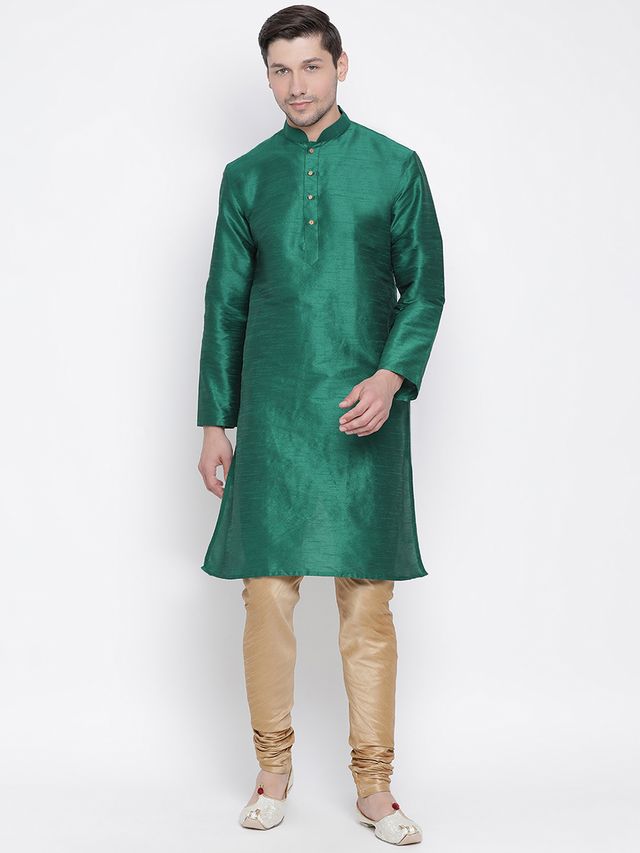 Men's Green Silk Blend Straight Kurta Pyjama Set