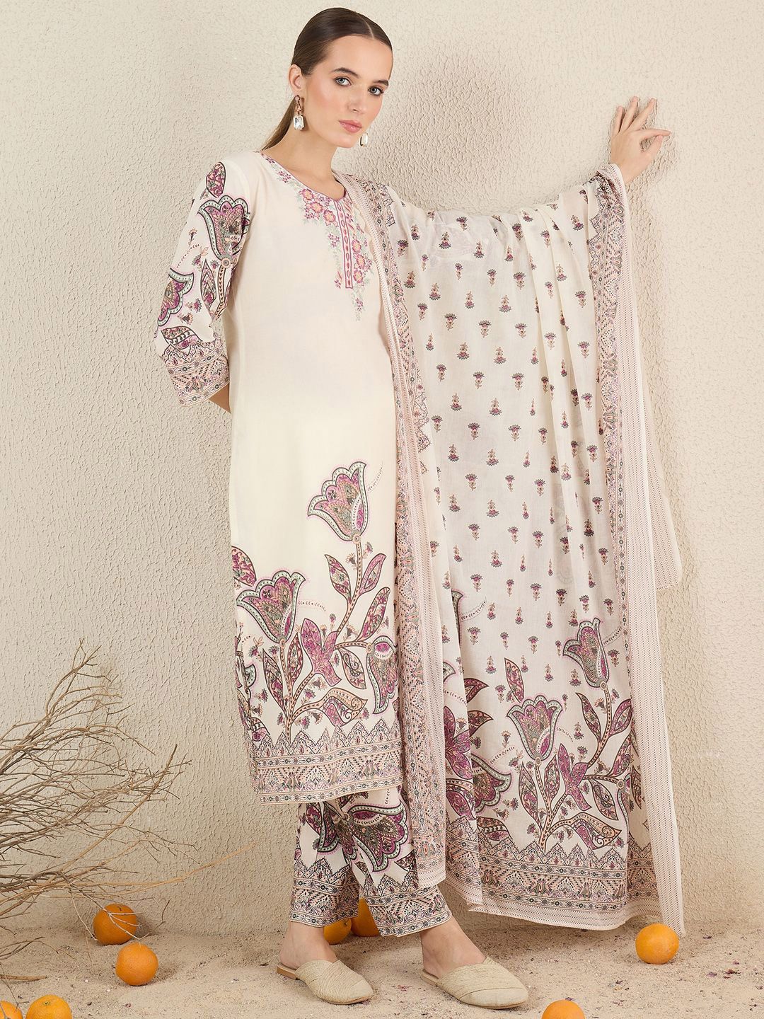 Women Floral Printed Cotton Kurta with Trousers & Dupatta