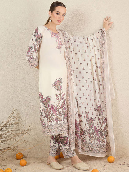Women Floral Printed Cotton Kurta with Trousers & Dupatta