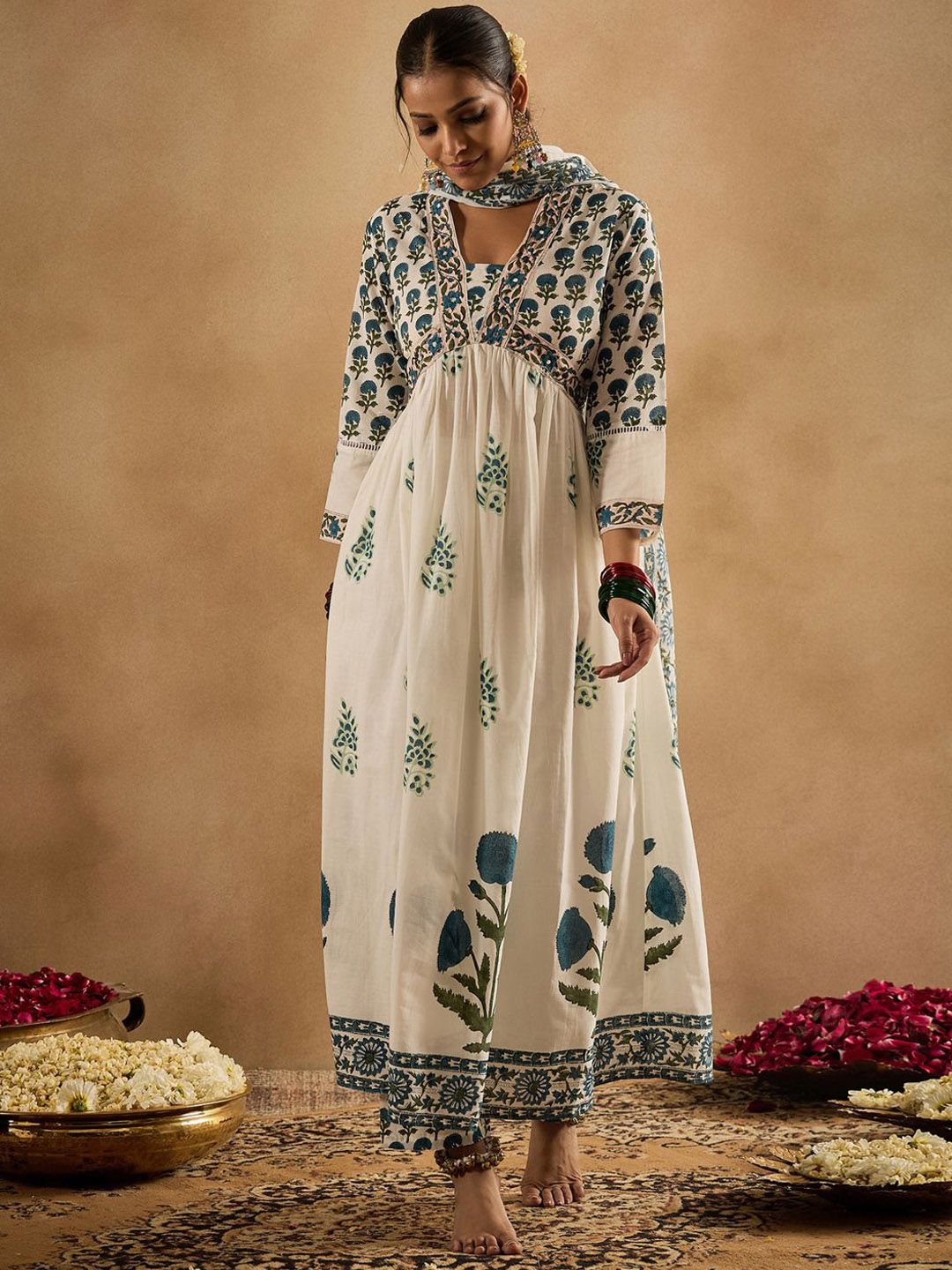 Dhiyona IE Floral Printed Empire Pure Cotton Anarkali Kurta With Trouser & Dupatta