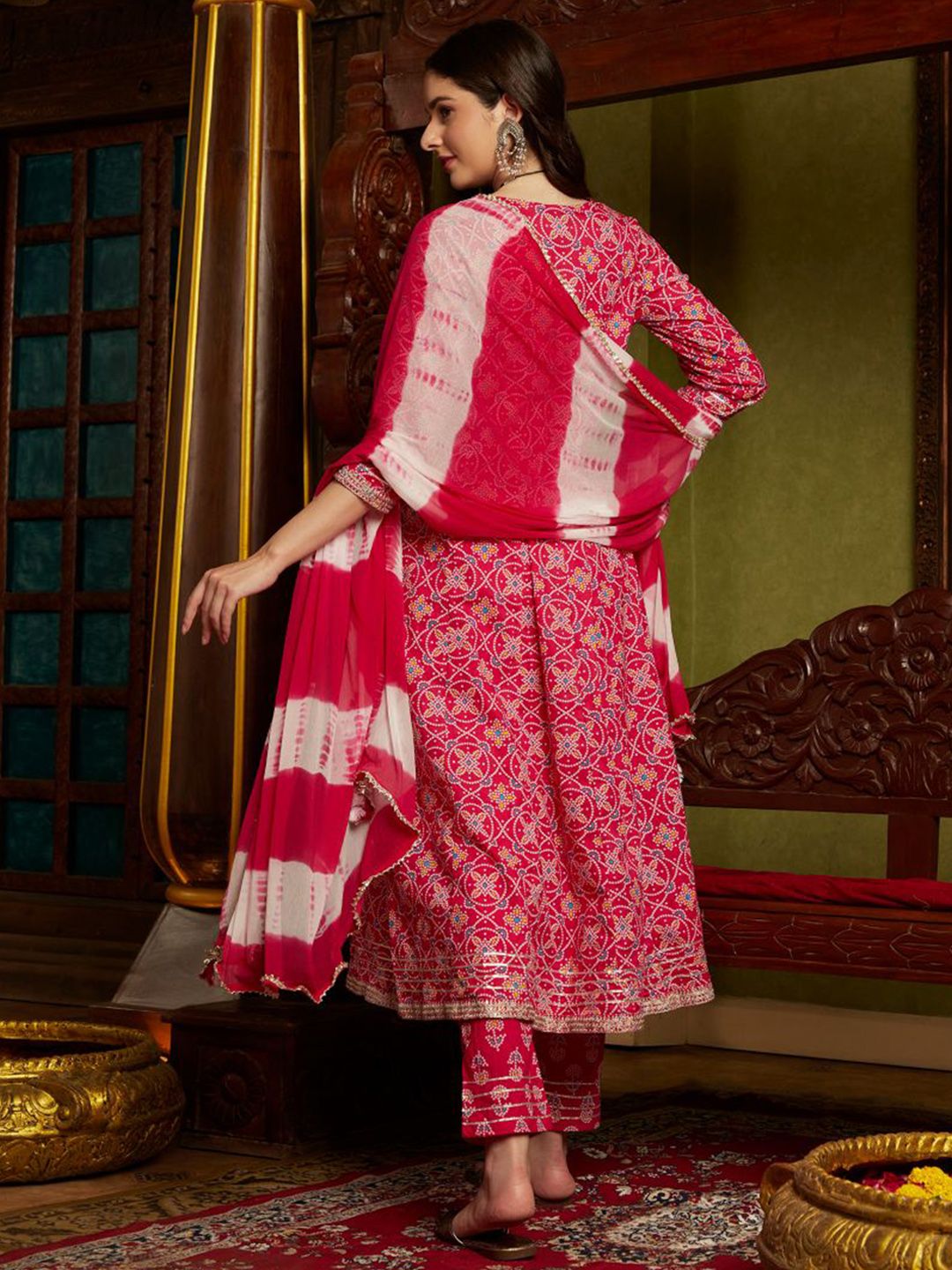 Dhiyona SN Women's Pink Ethnic Motifs Printed Sequinned Pure Cotton A-Line Kurta Set
