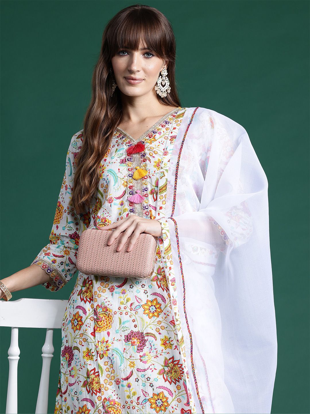 Floral Printed Sequinned Pure Cotton Kurta With Trousers & Dupatta