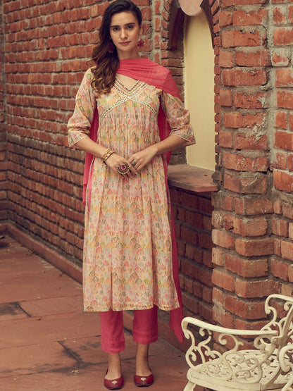 Dhiyona IS Women's Ethnic Motifs Printed Mirror Work Empire Anarkali Kurta with Trousers & Dupatta