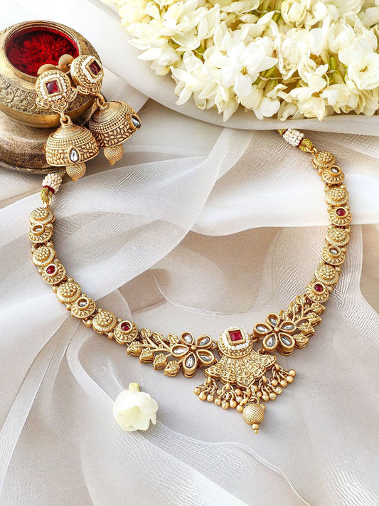 Dhiyona RJ Women's 24K Gold-Plated Ruby & Kundan Studded Floral Design Necklace Set with Jhumkas