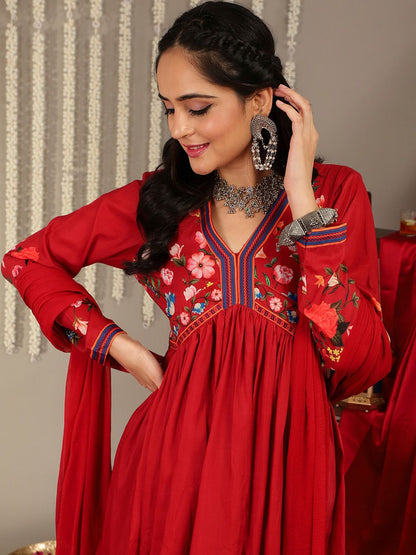 Dhiyona VA Women'sFloral Printed V-Neck Empire A-Line Kurta & Trousers With Dupatta