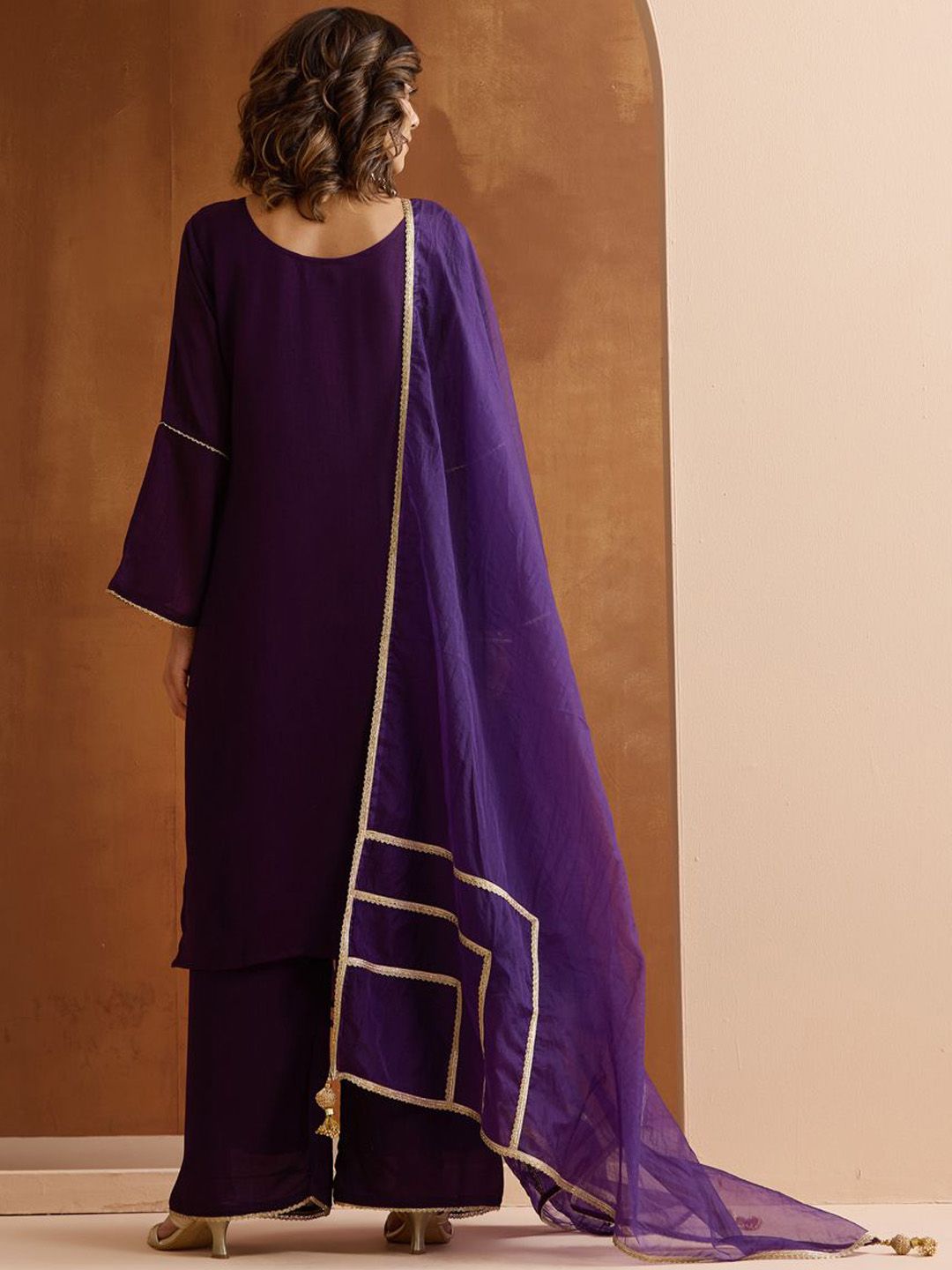 Dhiyona IS Women's Floral Embroidered Yoke Design Notch Neck Kurta With Palazzos And Dupatta
