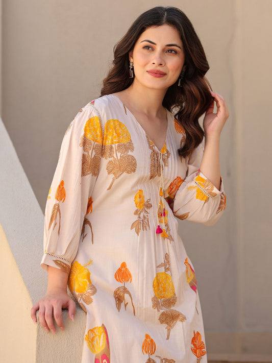 Floral Printed V-Neck Pure Cotton Straight Kurta With Trousers