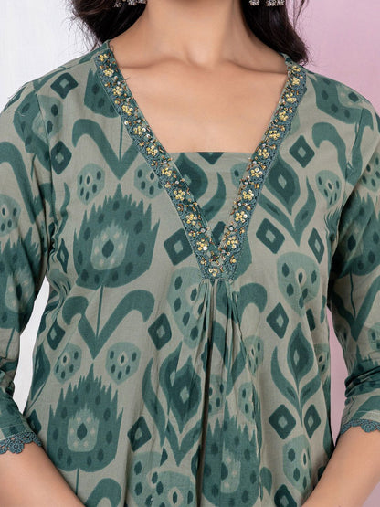 Dhiyona VA Women's Printed Regular Thread Work Pure Cotton Kurta with Trousers & With Dupatta