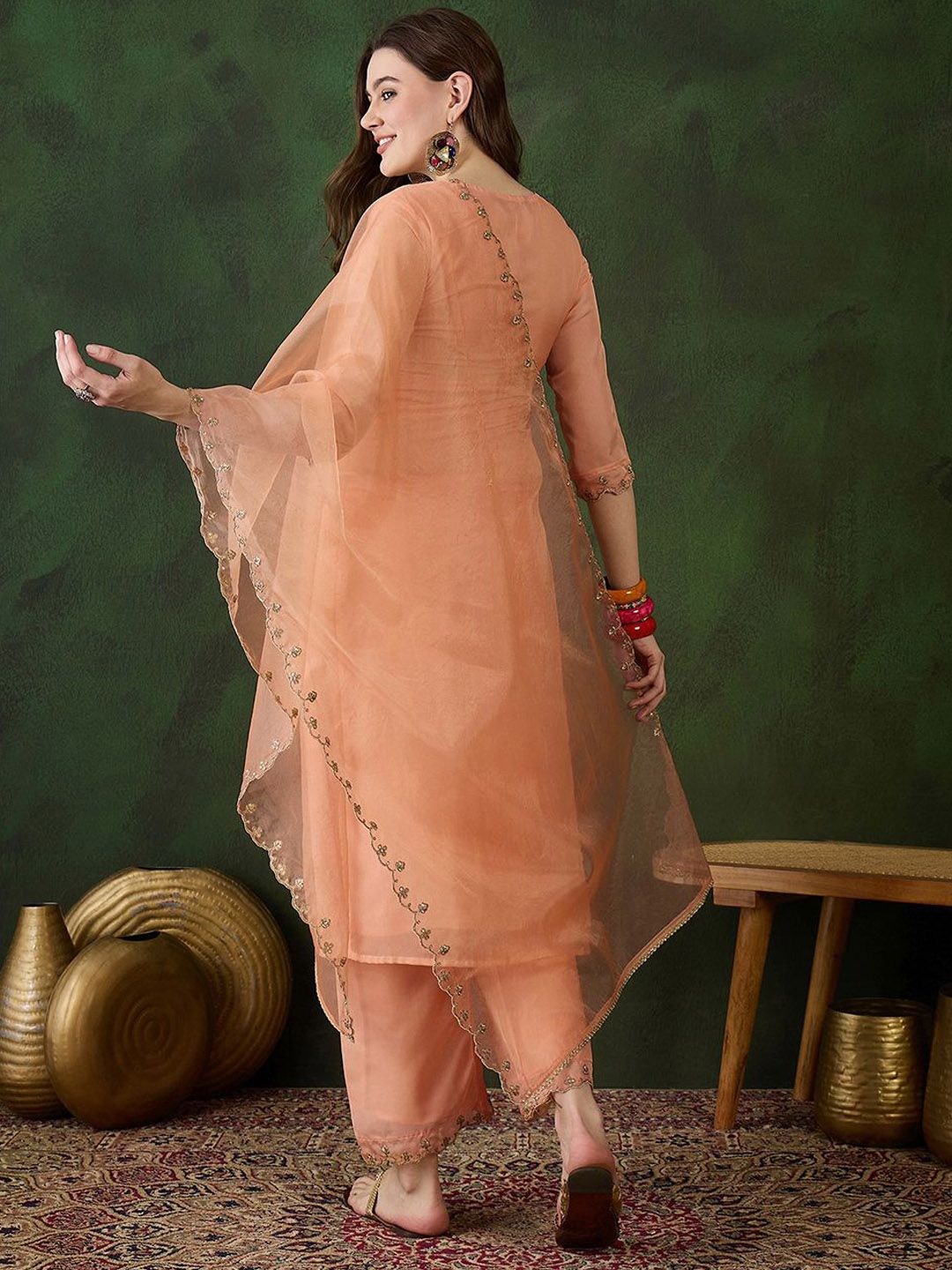 Dhiyona SN Women's Peach Floral Embroidered Zari Straight Kurta With Trouser And Dupatta