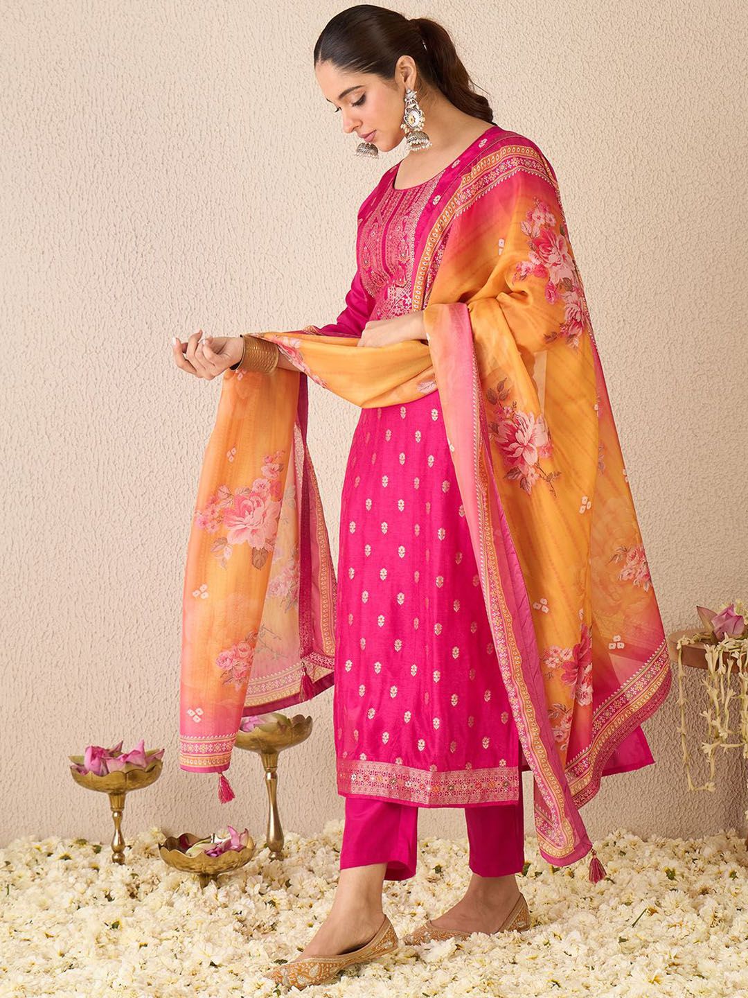 Women Ethnic Motifs Regular Kurta with Trousers & With Dupatta