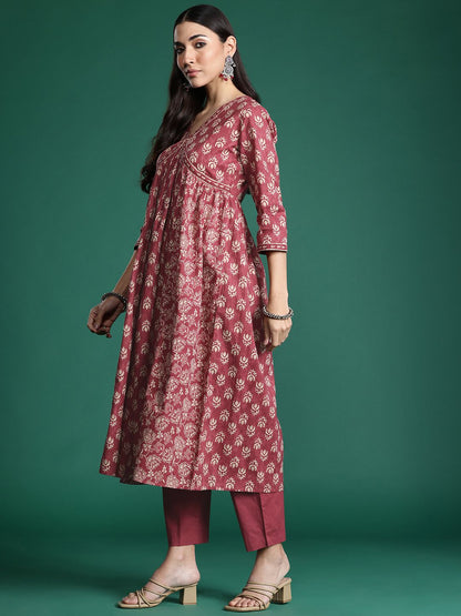 Dhiyona IE Floral Printed Empire Pure Cotton Kurta with Trousers & With Dupatta