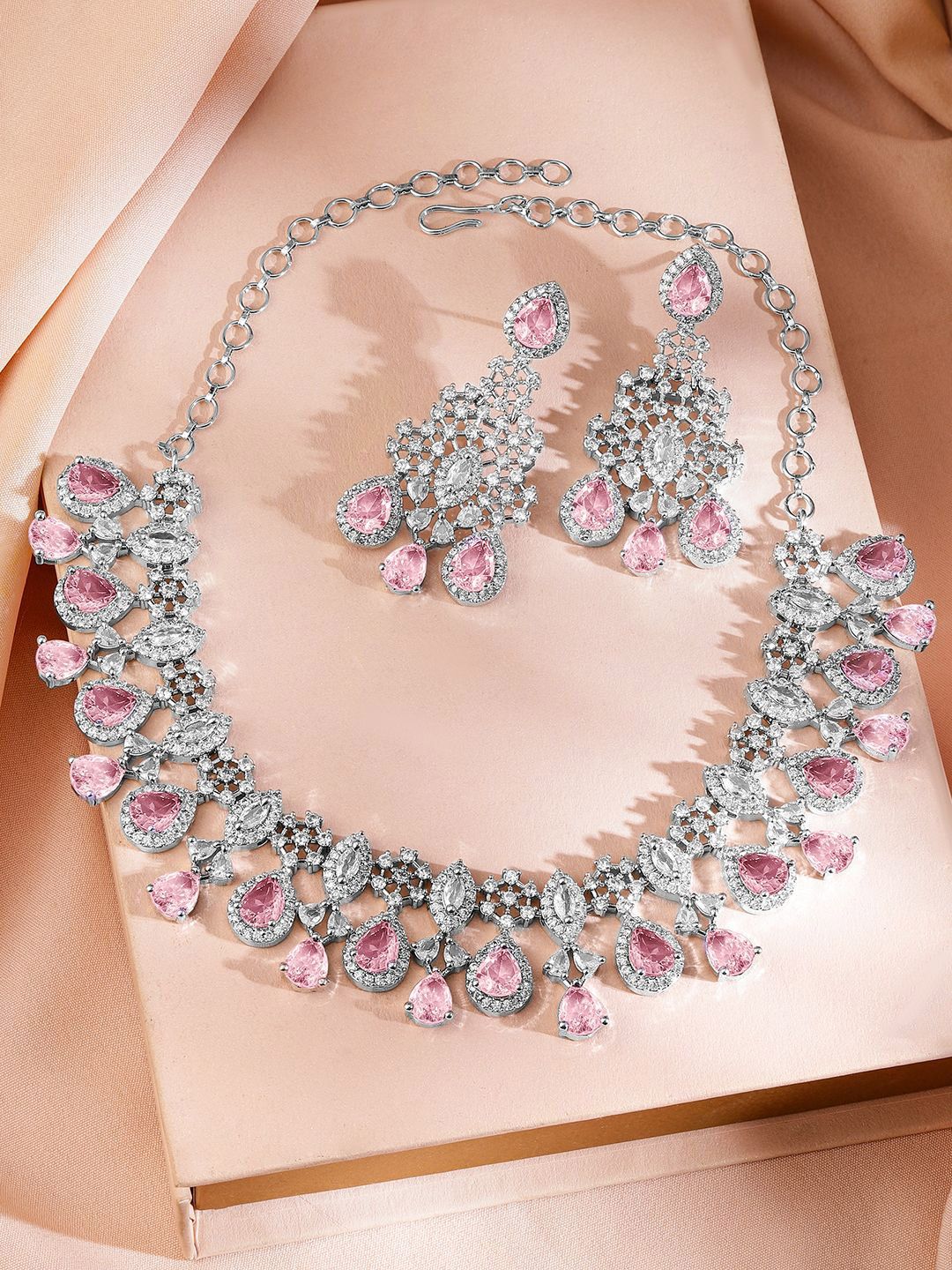 Dhiyona RJ Women's Rhodium-Plated Pink AD & Cubic Zirconia Studded Statement Necklace Set