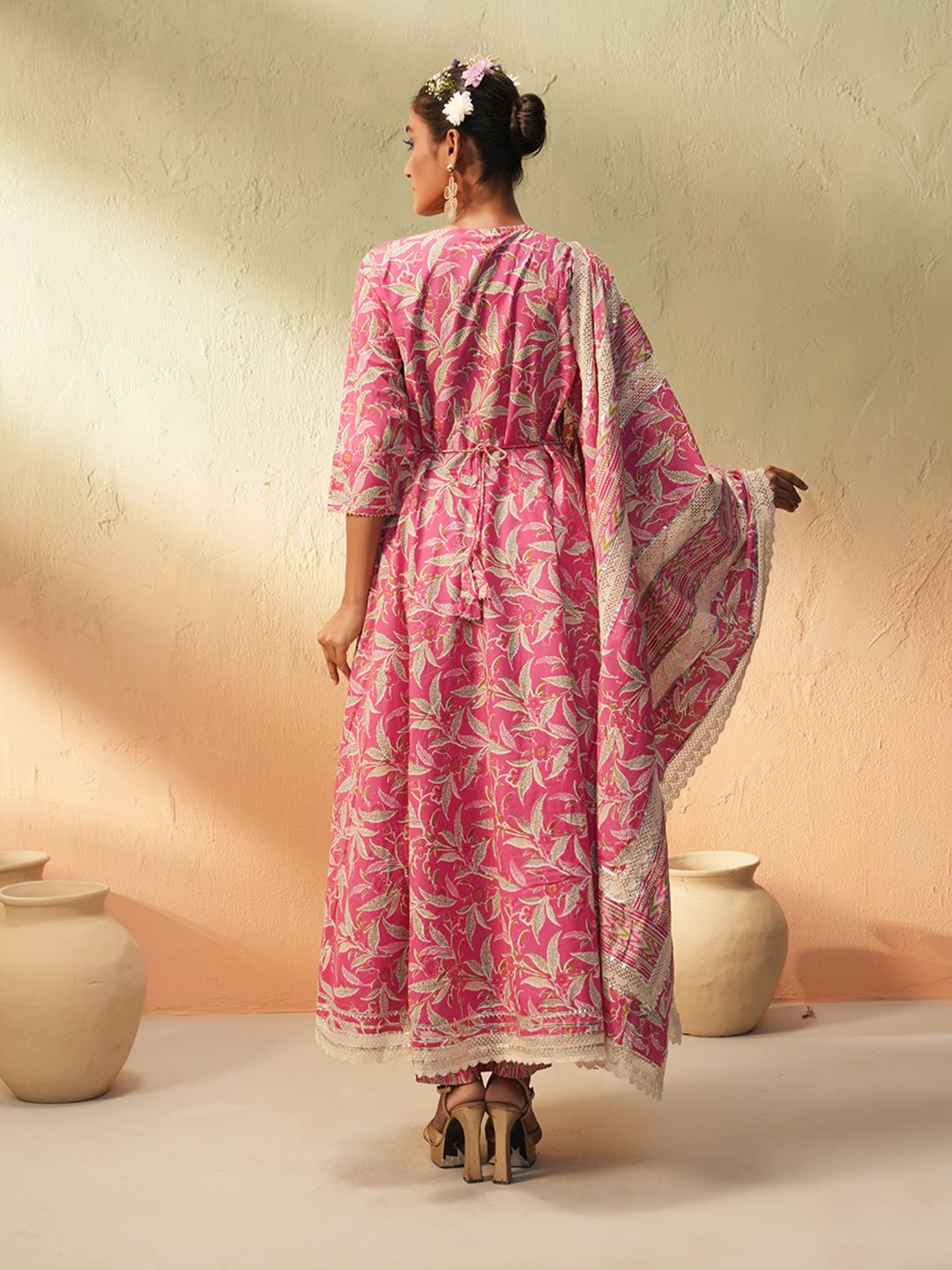 Dhiyona IS Women's Floral Printed V-Neck Angrakha Pure Cotton Anarkali Kurta With Trousers & Dupatta