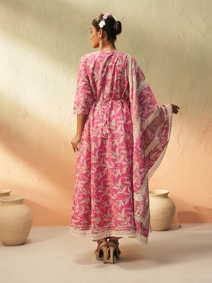Dhiyona IS Women's Floral Printed V-Neck Angrakha Pure Cotton Anarkali Kurta With Trousers & Dupatta